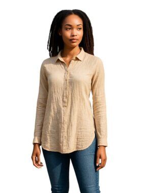 LOFT The Softened Shirt X-Small Crinkled Cotton Semi Sheer Pink White Stripes